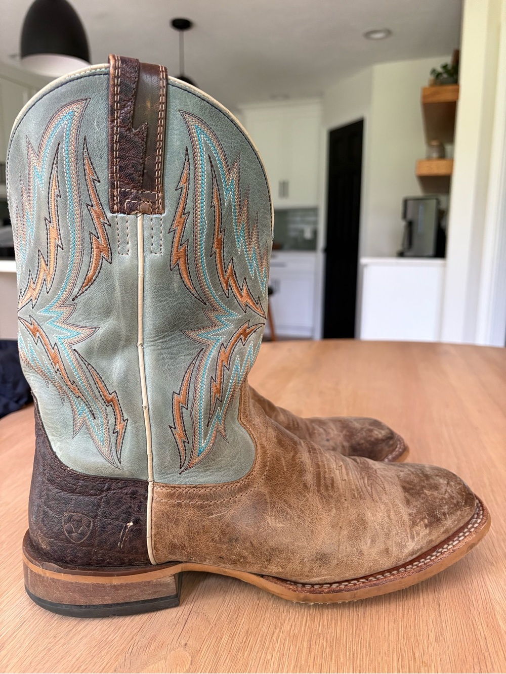 Ariat Brown Leather Cowboy Boots with Light Blue Embroidered Shaft - Picture 5 of 5